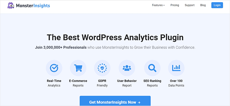 MonsterInsights webpage promoting WordPress analytics plugin. Features icons for analytics, SEO, and GDPR. "Get MonsterInsights Now" button.