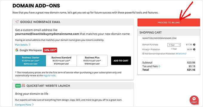 Domain add-ons page with options for Google Workspace email, a highlighted "Proceed to Billing" button, and a shopping cart totaling $21.16.