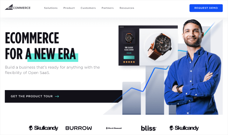 Man smiling in a blue shirt beside text "Ecommerce for a New Era" with product images. Background includes logos: Skullcandy, Burrow, Bliss.