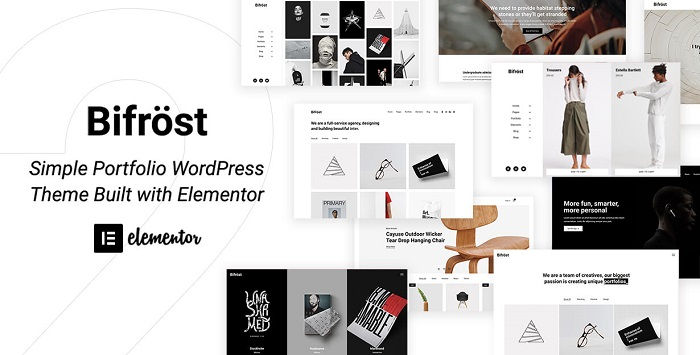 Collage of website templates titled "Bifröst," showcasing minimalist portfolios. Text reads "Simple Portfolio WordPress Theme Built with Elementor."