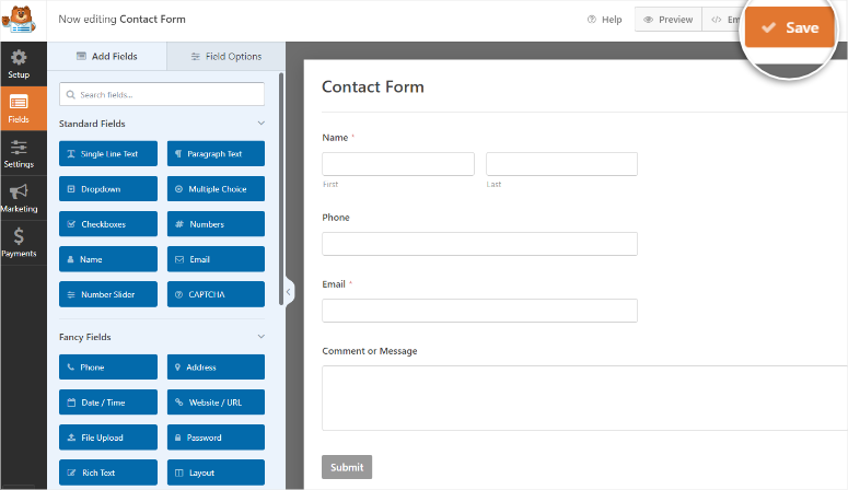 Contact form editor interface with fields like Name, Phone, Email. Sidebar with field options. Orange "Save" button highlighted.