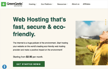 GreenGeeks web page ad: “Web Hosting that's fast, secure & eco-friendly.” Woman in yellow enjoys nature; blue sky and mountains in background.