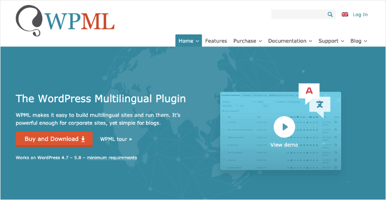 WPML website homepage showing "The WordPress Multilingual Plugin" text on a blue background. "Buy and Download" button in orange.