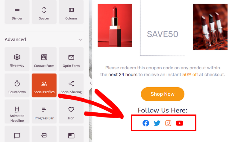 Red lipstick image with coupon code SAVE50, 50% off. Icon list includes Facebook, Twitter, Instagram, YouTube. Orange button: Shop Now.