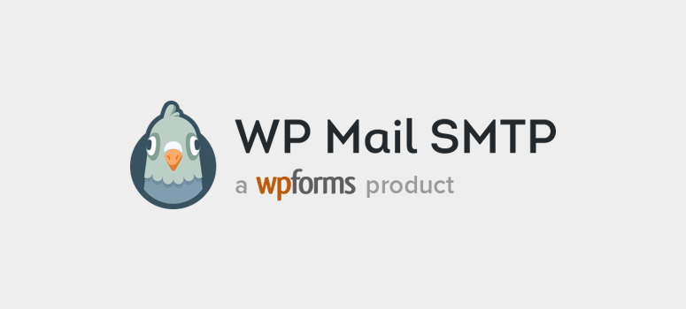 A cartoon bird with text "WP Mail SMTP, a wpforms product" on a light gray background. The bird is blue with an orange beak.