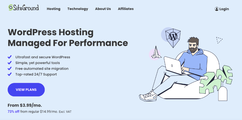 Man with laptop in a blue hoodie sits on a cloud, surrounded by abstract icons. Text: "WordPress Hosting Managed For Performance."