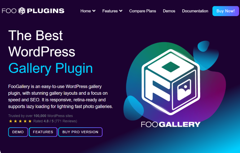 FooGallery plugin banner with logo, features list, and "The Best WordPress Gallery Plugin" text. Blue and purple gradient background.