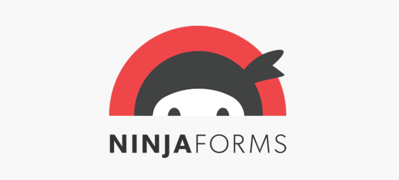 Ninja head logo with red circle backdrop and text "NINJA FORMS" below. Minimalist design with a white and gray color scheme.