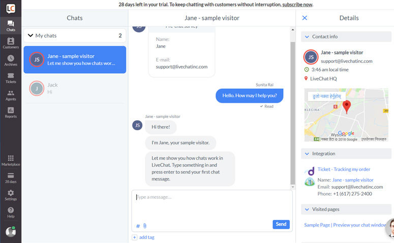 LiveChat interface showing a conversation with "Jane - sample visitor" discussing chat features. Includes contact info, map, and side menu.