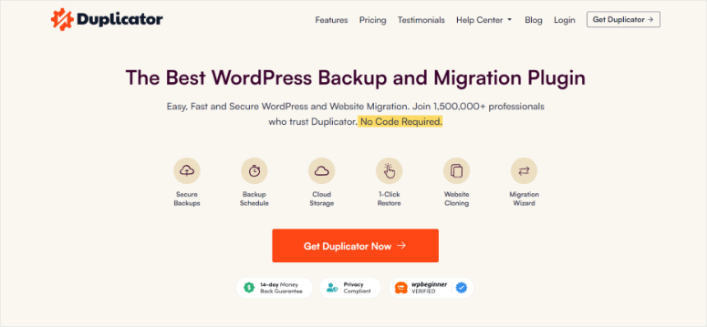 Duplicator plugin webpage highlights WordPress backup/migration features. Includes cloud storage, 1-click restore, and "No Code Required" text.