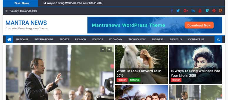 News website screenshot featuring articles titled "What To Look Forward To In 2019" and "14 Ways To Bring Wellness Into Your Life In 2019."