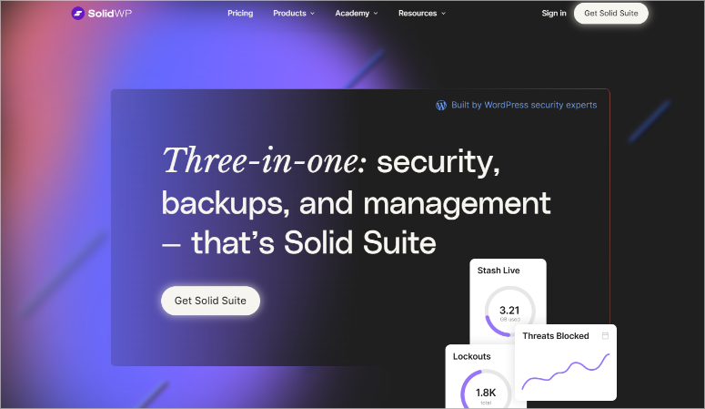 SolidWP website screenshot features "Three-in-one: security, backups, and management" text on a dark gradient background with stats graphics.
