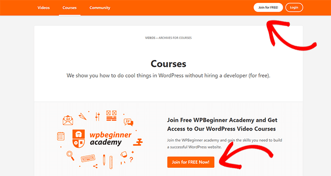 White webpage with orange accents. "Join for FREE!" button and WPBeginner logo. Arrows point to the join options. Mood is inviting and promotional.