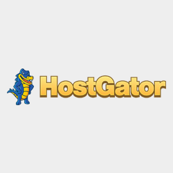 Blue cartoon alligator with a yellow belly stands next to "HostGator" in bold yellow text on a light gray background.