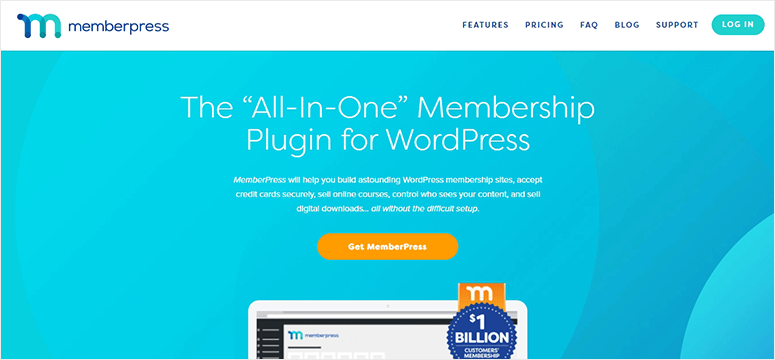 Blue webpage for MemberPress plugin with white text: "The 'All-In-One' Membership Plugin for WordPress." Orange button reads "Get MemberPress."