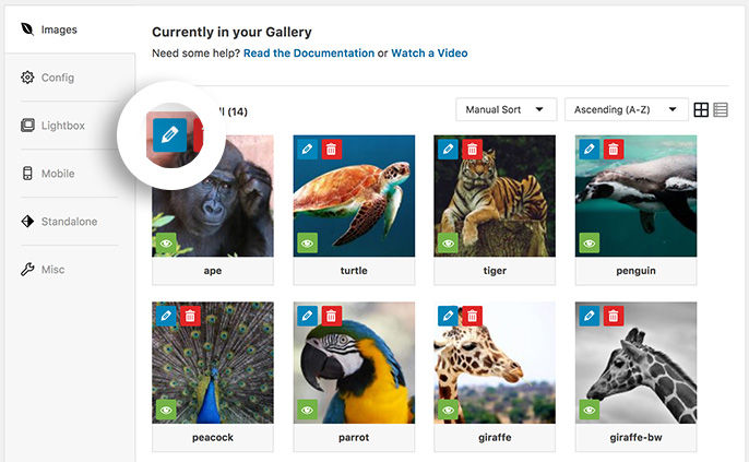 Gallery interface with animal images: ape, turtle, tiger, penguin, peacock, parrot, giraffe. Icons for editing, deleting are highlighted.
