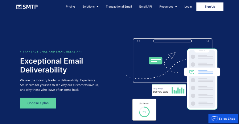 SMTP webpage highlighting "Exceptional Email Deliverability" in white text on blue background, with email-related graphics and CTA button.