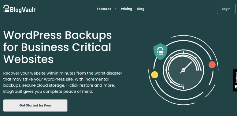 BlogVault website screenshot with "WordPress Backups for Business Critical Websites" in bold text on a dark green background. Button: "Get Started for Free".