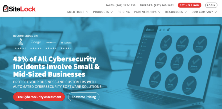 SiteLock ad with a laptop displaying security software. Text: "43% of cybersecurity incidents involve small & mid-sized businesses." Blue theme, promotes services.