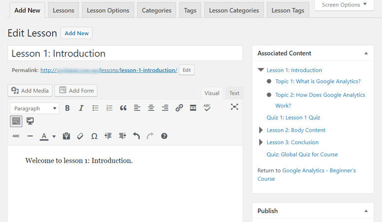 WordPress lesson editor with "Lesson 1: Introduction" title. Text input says "Welcome to lesson 1: Introduction." Options for content and quizzes are visible.