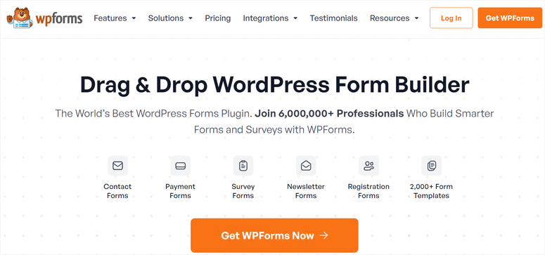 WPForms webpage promoting a drag-and-drop WordPress form builder with icons for different form types. Get WPForms button in orange.