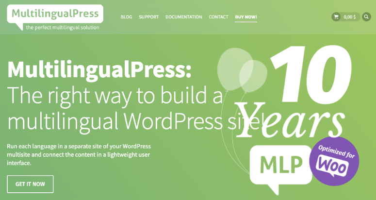 Green banner for MultilingualPress, promoting multilingual WordPress sites. Text: "10 Years", "Optimized for Woo". Buttons: "Buy Now!" and "Get It Now".