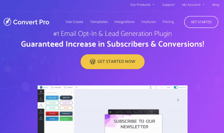 Convert Pro landing page with purple background, highlighting "Email Opt-In & Lead Generation Plugin" text. "Get Started Now" button visible.
