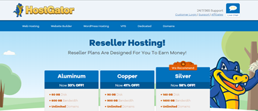 Web page advertising "HostGator" reseller hosting with a cartoon alligator. Plans listed: Aluminum, Copper, Silver. Blue and green background.