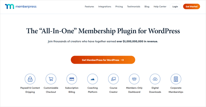 MemberPress plugin page with blue text highlighting features like subscription billing, course creator. Orange "Get Started" button.