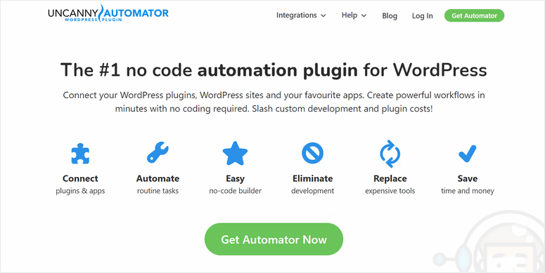 No-code automation plugin ad for WordPress. Icons illustrate features: Connect, Automate, Easy, Eliminate, Replace, Save. Green button reads "Get Automator Now."