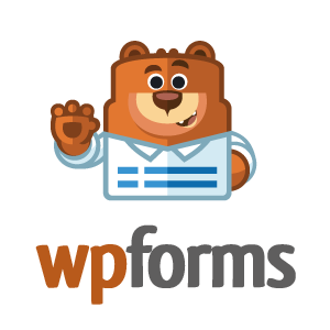 Cartoon bear wearing a shirt waves with a cheerful expression. Below, "wpforms" text in orange and gray. White background.
