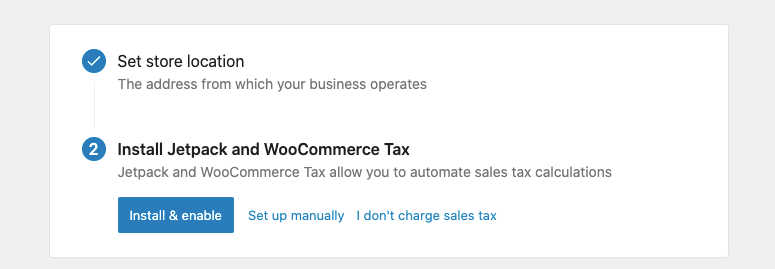 Setup screen prompts to set store location and install Jetpack for tax automation. Options: Install, set manually, no tax. White background.