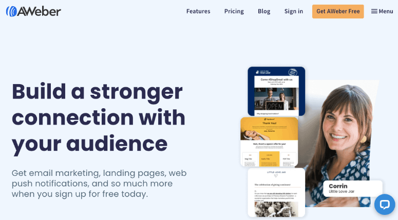 AWeber page with text "Build a stronger connection with your audience". Smiling person on the right with example emails. Options: Features, Pricing.