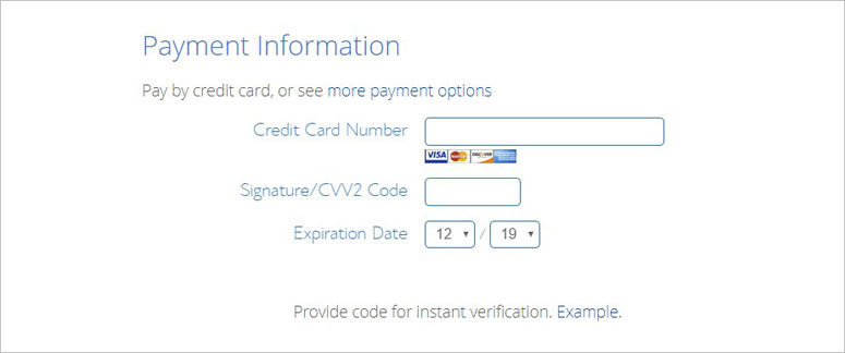 Payment form showing fields for credit card number, CVV2 code, and expiration date. Includes card logos; text emphasizes verification.
