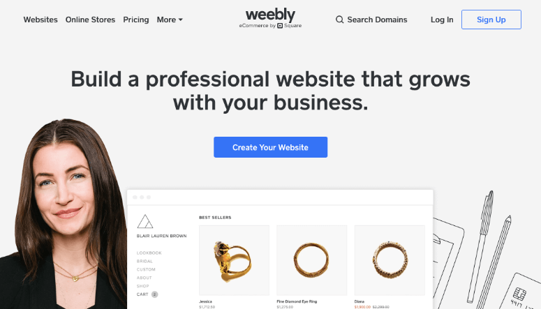 Woman smiling next to a Weebly interface with jewelry displayed. Text reads "Build a professional website." White background, blue button.