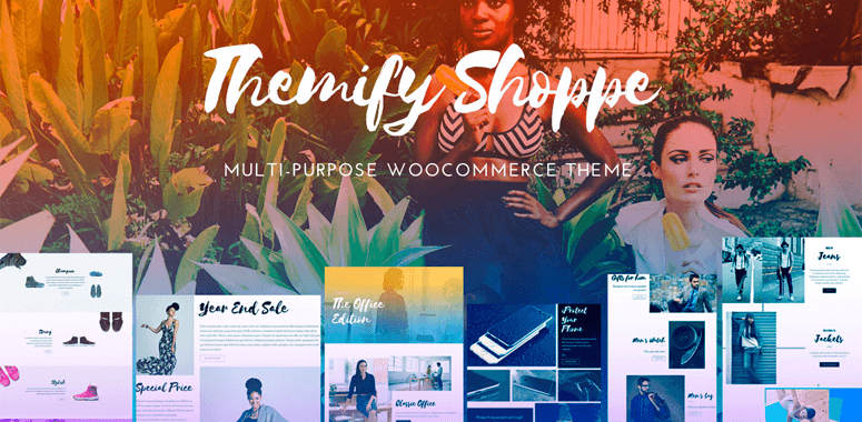 People in stylish outfits among plants; collage of colorful fashion-themed web layouts; text reads: "Themify Shoppe - Multi-purpose WooCommerce Themes."