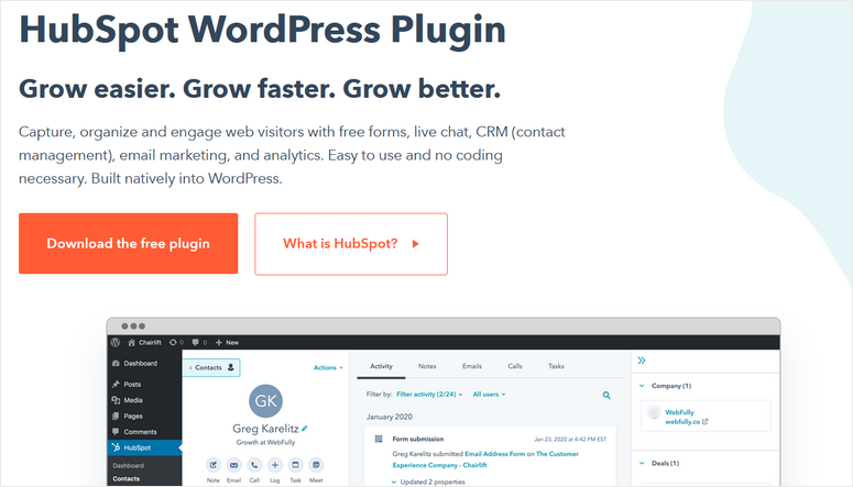 HubSpot WordPress Plugin page with text "Grow easier. Grow faster. Grow better." Features dashboard image, orange buttons, and plugin details.