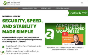 A2 Hosting webpage promotes WordPress hosting with bold text on security and speed. Features a video thumbnail, green accents, and pricing.