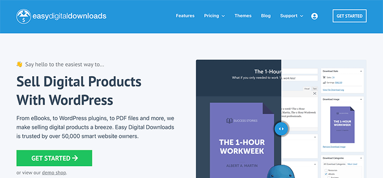 Easy Digital Downloads webpage promoting selling digital products with WordPress. Features blue and white colors, and text about services.