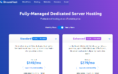 Blue and purple webpage for DreamHost showcasing server hosting plans. Text highlights "Fully-Managed Dedicated Server Hosting" with pricing.
