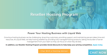 People in a blue-tinted office background with the text "Reseller Hosting Program" above a CTA button reading "Chat With a Hosting Advisor".
