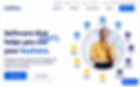 Woman in yellow top smiling, surrounded by business icons. Text: "Software that helps you simplify your business." Blue and white theme.