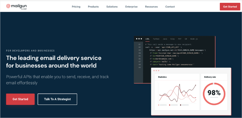 Mailgun website showcasing email delivery services. Features coding interface, chart with 98% delivery rate, red and blue color scheme.