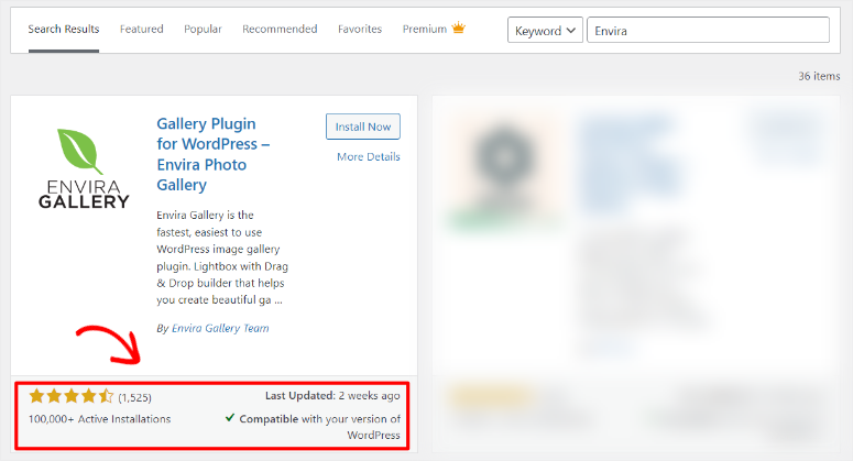 Envira Gallery plugin page on WordPress shows ratings, active installations, and compatibility. A red arrow points to a 4.5-star rating.