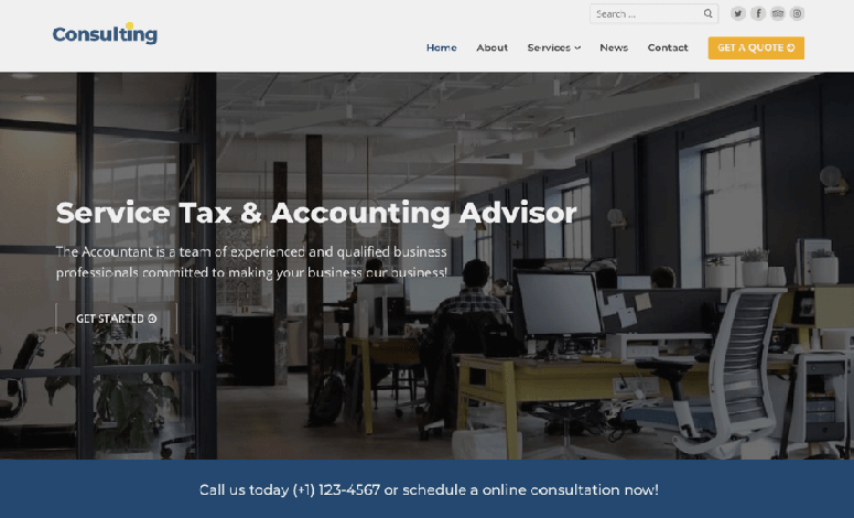 Open office with people working at desks. Text: Service Tax & Accounting Advisor. Contact info at bottom. Bright, professional setting.