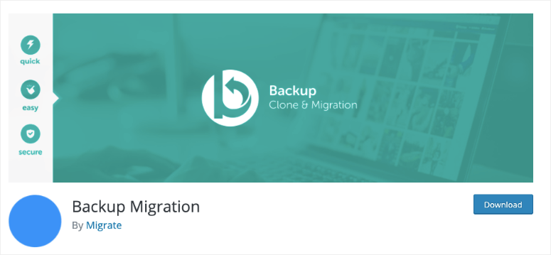 Teal ad for "Backup Clone & Migration" with quick, easy, secure icon features. Background shows a laptop screen. Blue "Download" button.