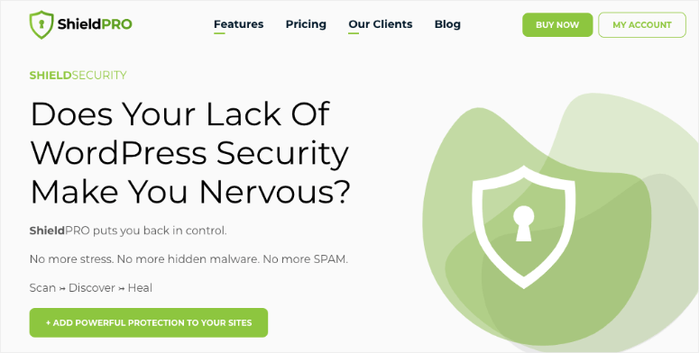 ShieldPRO ad with a green shield logo, offers WordPress security. Text reads: "Does Your Lack Of WordPress Security Make You Nervous?"