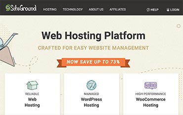 SiteGround webpage offering web hosting; banner reads "Now Save Up to 73%". Hosting options include Reliable, Managed, and High Performance.