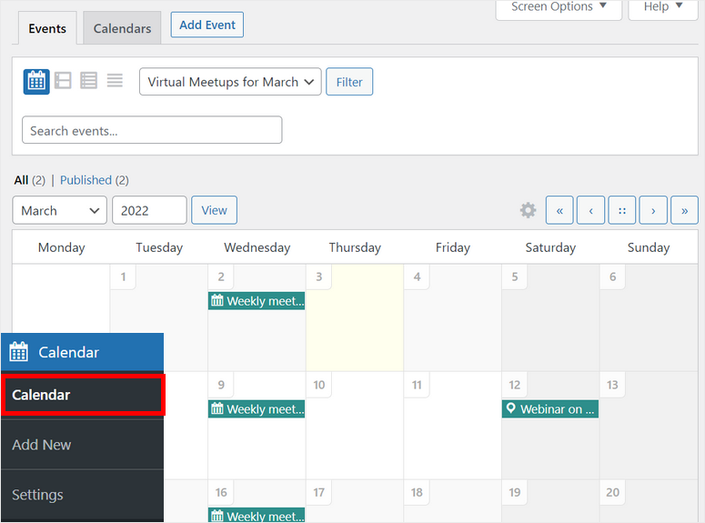 Event calendar interface showing March 2022. Weekly meetups are marked on Tuesdays and a webinar on Saturday, with a blue sidebar menu.