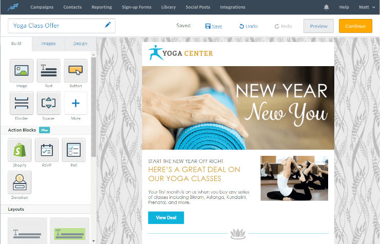 Email template design for Yoga Center's "New Year, New You" offer. Features yoga mat image, women practicing yoga, and a "View Deal" button.